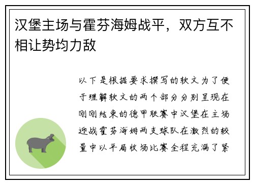 汉堡主场与霍芬海姆战平，双方互不相让势均力敌