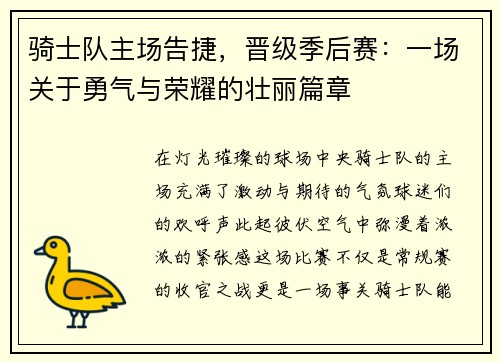 骑士队主场告捷，晋级季后赛：一场关于勇气与荣耀的壮丽篇章